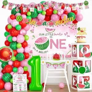 lot 3093 image: Hombae One In A Melon Party Decorations, Watermelon 1st Birthday Party Decorations Balloon Garland Highchair Photo Banner Box Crown Poster One Little Sweetie Is One In a Melon Pink Green Red