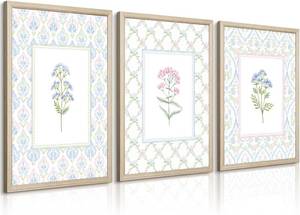 lot 3115 image: Wildflower Nursery Wall Art Decor Baby Girl Room Canvas Prints Pastel Floral Wall Art Botanical Flower Pictures Pink Blue Wildflower Painting Artwork for Girls Bedroom 16x24x3 Inch Framed