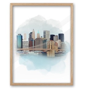 lot 5250 image: iHery 16x20in Natural OAK Wood Framed New York Skyline Wall Art  Watercolor Beige Blue Cityscape Canvas Print, Modern Dreamlike Decor for Bedroom Living Room, 1Pack
