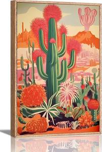 lot 5252 image: KISSFOX Framed Wall Art Western Wall Decor Cactus Pictures Mexican Canvas Art Orange Green Desert Botanical Paintings Southwestern Artwork For Bedroom Living Room Kitchen