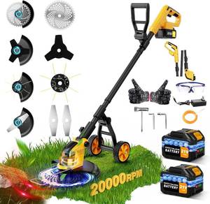 lot 5297 image: $180 4-in-1 20000RPM Electric Weed Wacker Cordless,6000mAh Electric Weed Eater Battery Powered, Heavy Duty Brush Cutter Edger Lawn ToolWeed TrimmerGrass Trimmer WWheel Metal Blade, 2 Battery Yard Tool