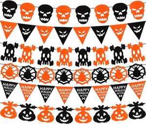 lot 7074 image: 6PCS Felt Halloween Banner with Skull Evilface Skeleton Spiderweb Pumpkin Triangular Indoor Outdoor Hanging Banner DIY Happy Halloween Decor Orange and Black Decor for Wall Mantle Classroom