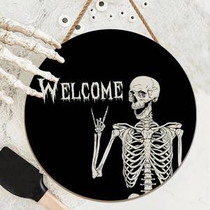 lot 7104 image: Halloween Decorations Wreath Halloween Skull Welcome Door Sign Front for Door Decoration, Rustic Wooden Holiday Decor for Front Door Porch Window Wall Farmhouse Indoor Outdoor