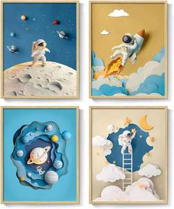 lot 7123 image: Framed Space Astronaut Wall Art for Nursery Room, 4 Piece