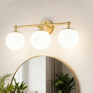 lot 8008 image: AKEZON Gold Bathroom Vanity Lights 3-Light Over Mirror, White Frosted Glass
