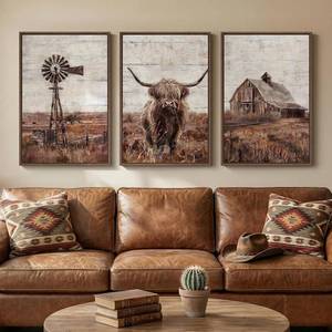 lot 8034 image: $103 Framed Highland Cow Farmhouse Wall Art for Living Room, 3 Pieces 20x30 In