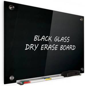 lot 8050 image: Real Glass Dry Erase Board, 18 x 24, Tempered Glass Surface, Frameless Wall Mount, with 4 Assorted Color Markers and Eraser, by Better Office Products (Jet Black)