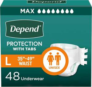 lot 8081 image: Depend Adult Diapers with Tabs, Unisex, Large (35-49 Waist), 48 Count