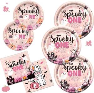lot 8089 image: 182Pcs Spooky One Birthday Decorations Girl Halloween 1st Birthday Party Decorations with Pink Plates and Napkins for Halloween Decorations Girl