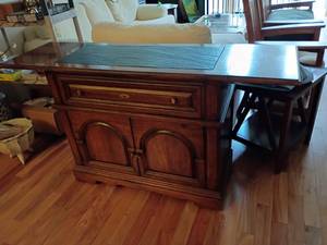 lot 905 image: Rolling Buffet with Collapsible Sides. One Drawer with felt bottom.  With both sides down32 x 39 x 18.   With both sides up 32 x 61 x 18.  With one side up and one side down 32 x 50 x 18.