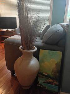 lot 916 image: Vase on Stand with Faux Arrangement and Canvas Wall Decor.  Vase is 51in. tall.  Wall Decor 24 x 12