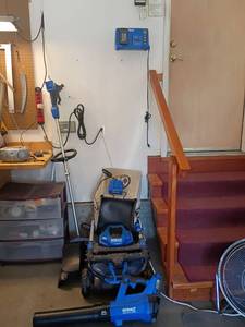 lot 952 image: 7pcs. Kobalt 2X 24v Max Power Mower with Attachments, Weed Eater and Blower.   WITH Batteries and Chargers.