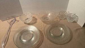 lot 1008 image: Etched glass salad plates, candy dish and more