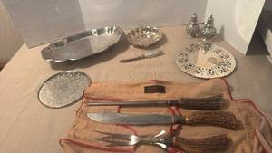 lot 1009 image: Winchester 3 piece carving set with carved handles, silver plated serving dish, salt and pepper shakers and more