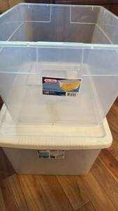 lot 1038 image: 2 Sterilite plastic storage containers 56 ad 66 qt one has no lid n