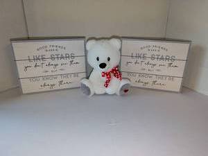 lot 1107 image: White Plush Teddy Bear with friends signs 10x8