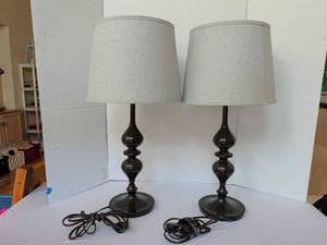 lot 1149 image: Qty 2 25in Table Lamps with dark brown metal Base and Linen Shades