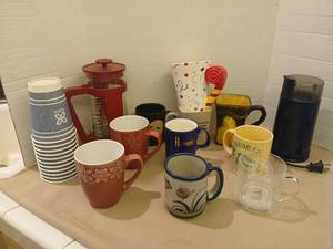 lot 1205 image: Coffee Mug Lot 10 French Press Thermal Pitcher and coffee grinder