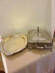 lot 1213 image: Two-Piece Serving Set with Covered  Casserole and Platter with Ornate Handles