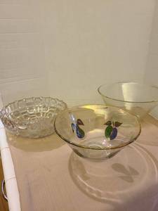lot 1215 image: George Briard Glass Bowl  with Fruit Motif and  glass Bowls all 10 inch in diameter tallest one 6 inches