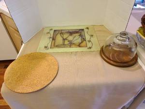 lot 1226 image: glass cutting board, 10 inch Round Cork Mat and cheese board with cloche