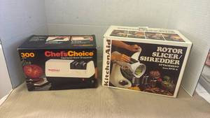 lot 1245 image: Chefs Choice 300 Diamond Hone Sharpener, Kitchen Aid rotor slicer and shredder