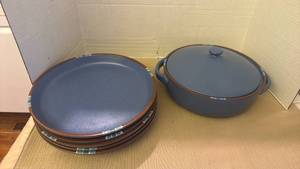 lot 1246 image: Dansk Mesa stoneware covered casserole dish and 5 dinner plates