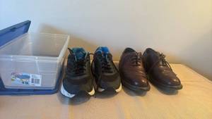 lot 1341 image: Mens dress shoes and running shoes size 9.5 with 2 Sterilite 6qt containers