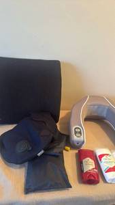lot 1346 image: Neck massager, back support, deodorant and neck pillows in bags