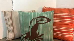 lot 1403 image: Decorative Throw Pillows Lot 3 Pieces Striped and Toucan Design