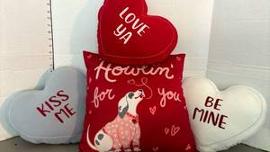 lot 1407 image: Valentines Day Plush Pillows 3-Piece Set Heart-Shaped one with Dog Design