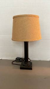 lot 1432 image: Table Lamp with Tan Linen Shade and Black Base 17 15 inches tall