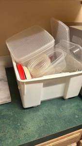 lot 1449 image: Lot of Clear Plastic Food Storage Containers with Lids and Red Lids