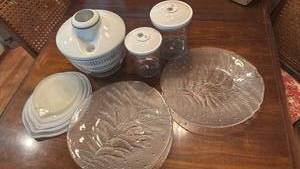 lot 1456 image: Salad Spinner with Storage Containers and Two Glass Tree Platters