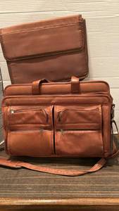 lot 2041 image: Brown Leather Messenger Bag with Multiple Pockets and Shoulder Strap