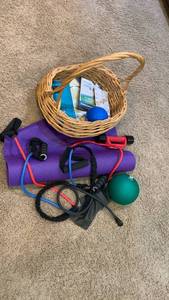 lot 2100 image: Exercise & Fitness Equipment Lot - Yoga Mat, Jump Rope, Medicine Balls, Instructional DVDs