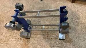 lot 2102 image: Dumbbell Rack Stand 2-Pair Weight Storage Blue Steel Frame with weights