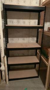 lot 2207 image: 4-Shelf Industrial Storage Rack Black Frame Wood Shelves 72x34x14 located I. Basement