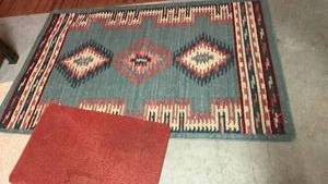 lot 2216 image: Geometric Wool Area Rug Teal Red Diamond Pattern 65x42 and floor mat 30x18