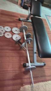lot 2217 image: Adjustable Dumbbell Set with Weight Plates and Bench with area rug 84x62