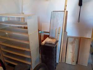 lot 3016 image: Scrap Wood Pieces and Shelves or Shoe Holders.  Shoe holders are 12 x 30 x 12 each
