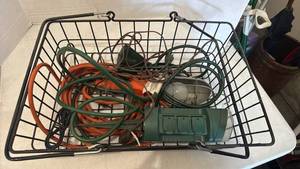lot 3117 image: Extension Cords, hanging light and Power Strip Lot Orange Green Black