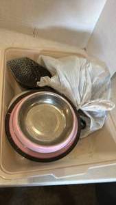 lot 3126 image: Pet Bowl and Brush Lot with Storage Bin