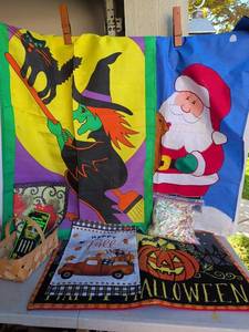 lot 3304 image: Holiday Seasonal Decorative Items Lot - Witch Witch Banner Santa Flag Rug