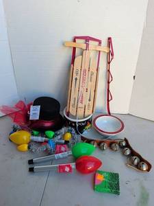 lot 3308 image: Christmas Holiday D�cor Lot Sled Saucer Hat Lights Bells Bowl