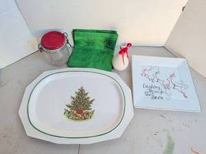 lot 3309 image: Porcelain Platter with Green Border and Christmas Tree Design and more. See pics for chip