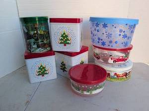 lot 3312 image: Holiday Themed Storage Containers Lot - Christmas Tree Design Red Handles