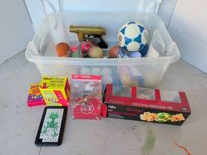 lot 3330 image: Lot of Toys Games and Sports Equipment in Storage Container
