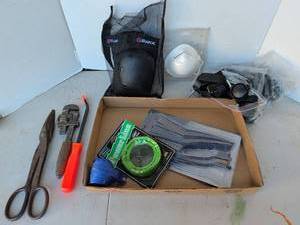 lot 3343 image: Tool and Protective Gear Lot with PowerLine Chalk Line, Scissors, Wrench, Razor knee pads