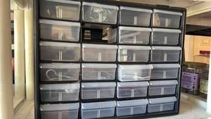 lot 3418 image: 24-Drawer Plastic Storage Organizer Cabinet with Clear Drawers and hardware